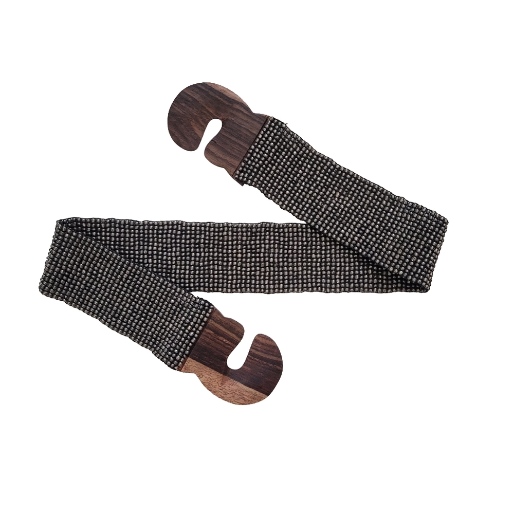 Black and White Beaded Belt with Wooden Buckle By Anthropologie